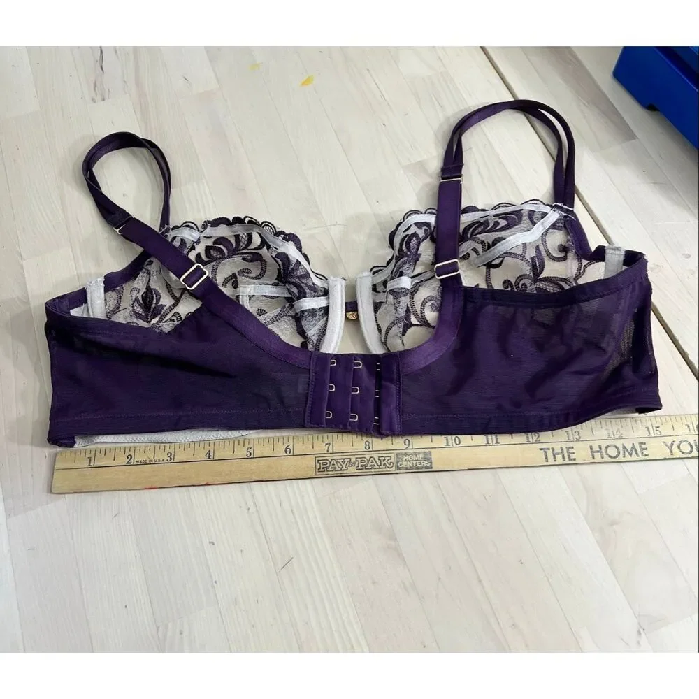 Cacique Purple Lace Sheer Balconette Bra Plus Size 40DD Underwire Embroidered